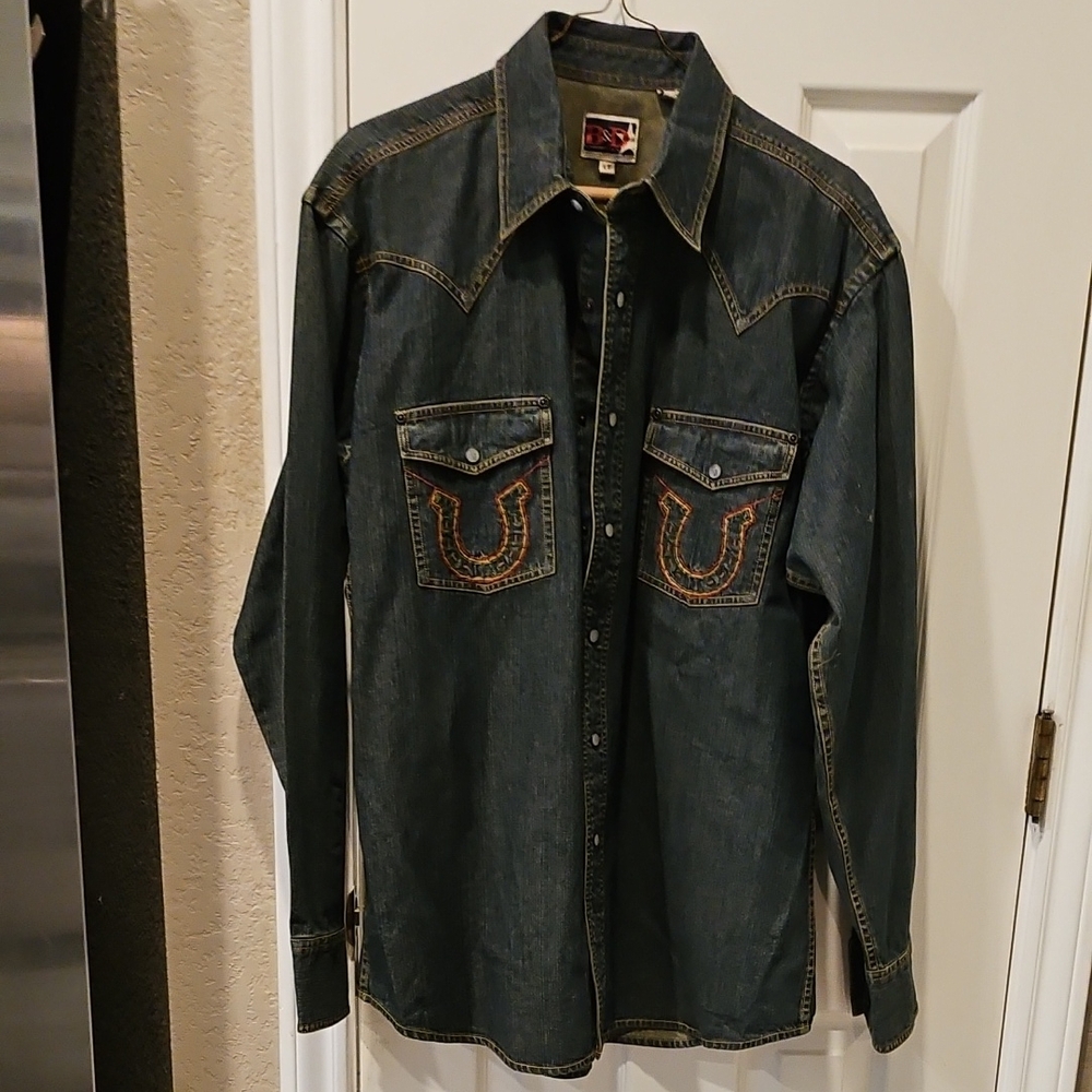Gorgeous Unworn BROOKS & DUNN COLL By PANHANDLE SLIM Denim Pearl Snap Shirt LT